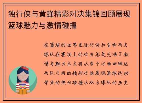 独行侠与黄蜂精彩对决集锦回顾展现篮球魅力与激情碰撞